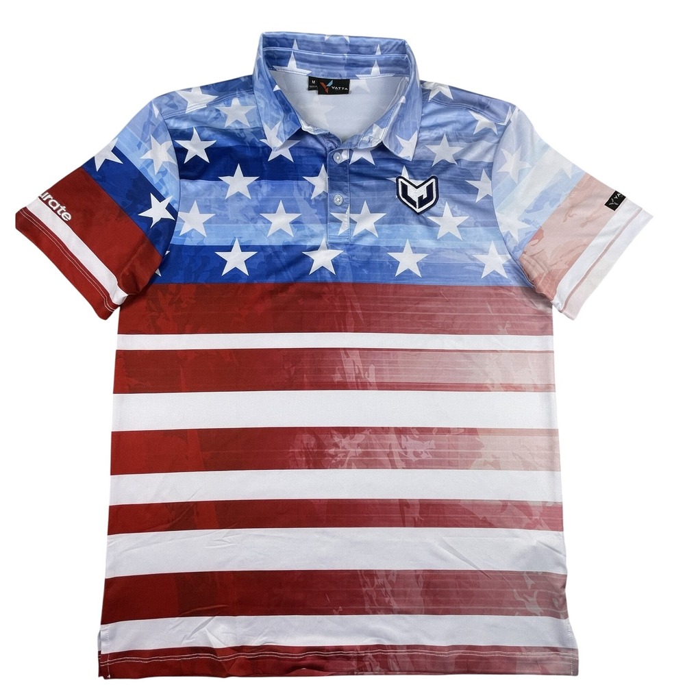 Yatta Golf Polo Mens Med Red White Blue Stars Stripes Accurate Performance Shirt